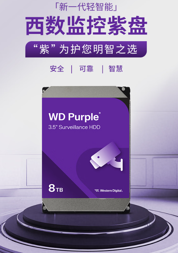 西部数据（WD）8TB 监控级机械硬盘 WD Purple 西数紫盘 SATA 256MB CMR垂直 安防存储 3.5英寸 WD85PURZ