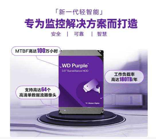 西部数据（WD）8TB 监控级机械硬盘 WD Purple 西数紫盘 SATA 256MB CMR垂直 安防存储 3.5英寸 WD85PURZ