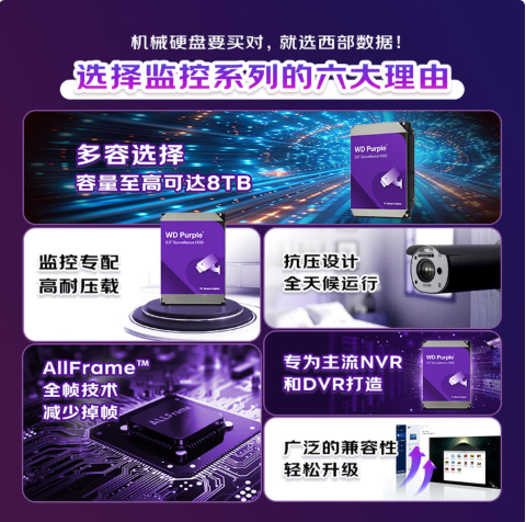西部数据（WD）8TB 监控级机械硬盘 WD Purple 西数紫盘 SATA 256MB CMR垂直 安防存储 3.5英寸 WD85PURZ